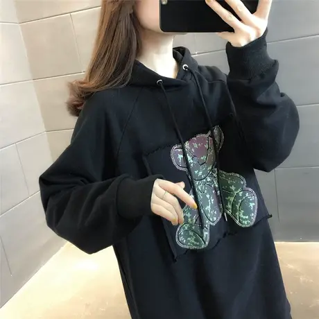 2023春季卫衣女套头宽松休闲慵懒风上衣韩版卡通小熊烫钻外套女潮图片