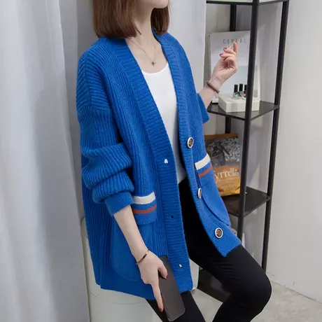 v领针织开衫女2023春秋新款宽松慵懒风上衣外穿中长款厚毛衣外套商品大图