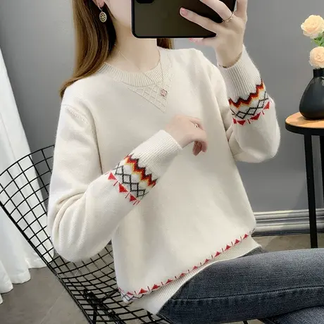 圆领毛衣女宽松套头上衣2023年秋冬新款软糯针织衫长袖内搭打底衫图片