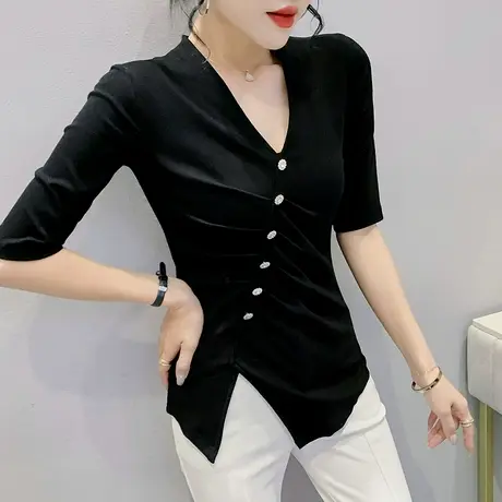 欧货不规则开叉T恤女短袖2023年新款百搭半袖打底衫设计感V领上衣商品大图