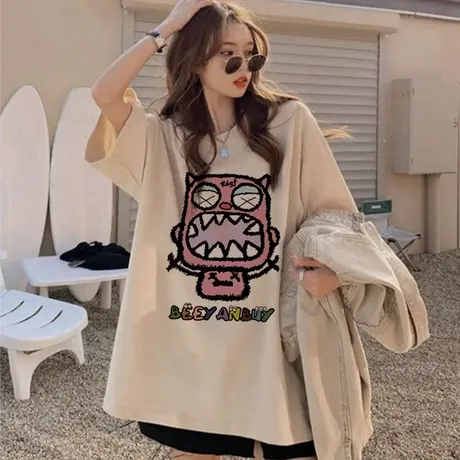 趣味卡通t恤女夏港味chic大码纯棉设计感短袖复古慵懒风ins潮上衣图片