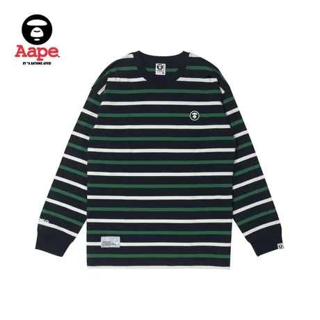 Aape旗舰店男装秋冬猿颜徽章简约印花撞色条纹潮流长袖T恤1370XXL图片