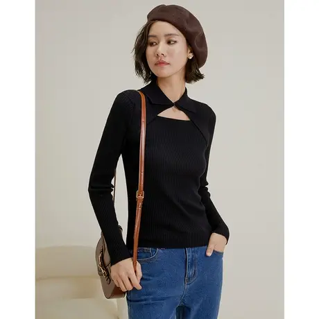 弥古法式黑色针织衫女小众设计感镂空polo领上衣秋季长袖内搭打底商品大图