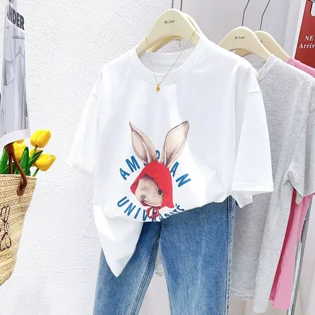 韩国东大门兔子短袖上衣2023夏装新款ins甜美温柔印花纯棉T恤宽松图片