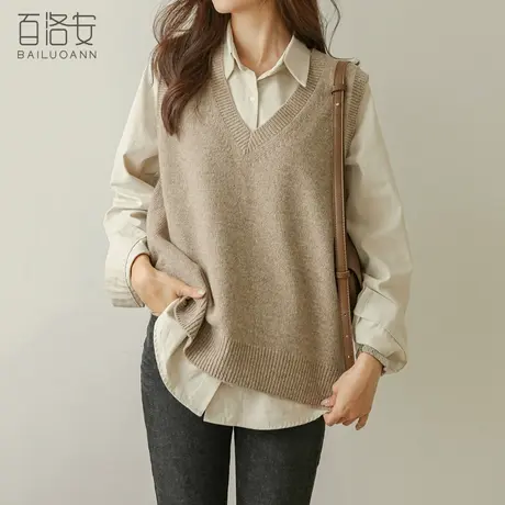 百洛安宽松大码无袖针织马甲女秋季新款V领纯色上衣外搭毛衫背心图片
