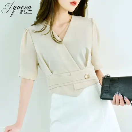 雪纺衫女夏季法式轻熟风性感V领气质收腰上衣显瘦冰丝短袖衬衫图片