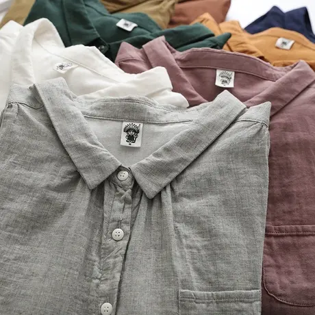 春季日系文艺简约舒适双层纱纯棉长袖衬衫女宽松百搭打底方领上衣图片