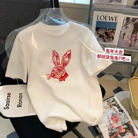 美式复古正肩纯棉短袖t恤女2023夏半袖宽松韩版设计感小众上衣服商品大图