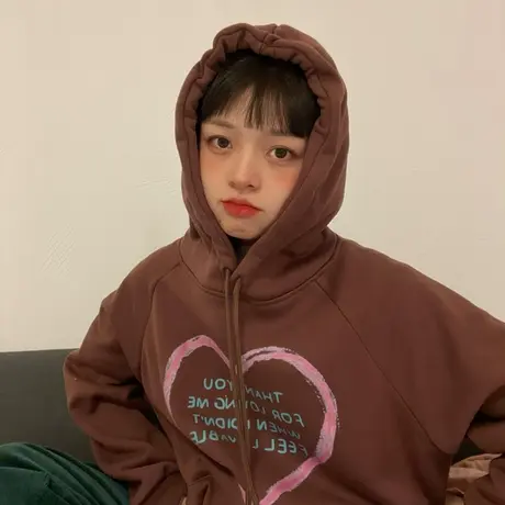 红续2023春装新款韩版宽松bf慵懒风爱心字母连帽卫衣外套女ins潮图片