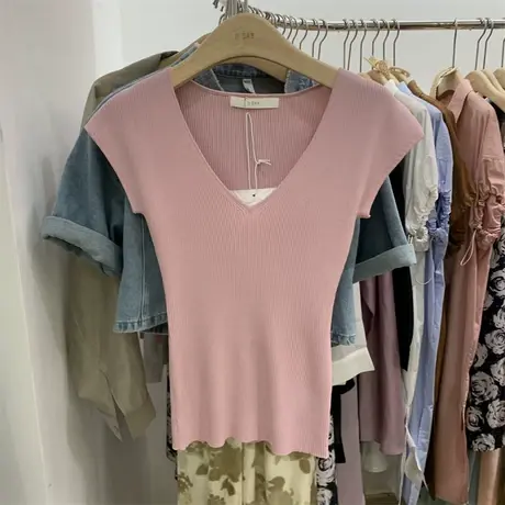 十三行女装新款2023韩版V领显瘦洋气套头针织短袖百搭无袖上衣图片
