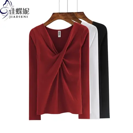 春秋季韩版低V领纯白褶皱修身显瘦长袖体恤上衣内搭女装设计感商品大图