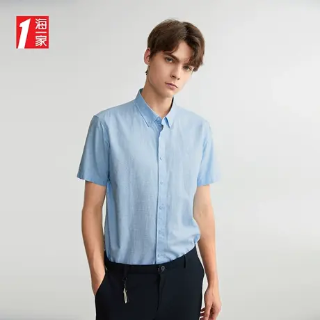 海一家休闲商务短衬新款扣领尖领简约舒适棉麻短袖衬衫男商品大图