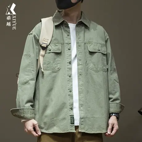 希越水洗阿美咔叽工装衬衫男带口袋秋季宽松大码潮流复古百搭外套商品大图