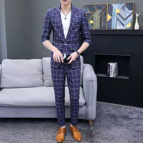 西服套装男夏季休闲七分袖小西装薄青少年韩版修身中袖外套图片