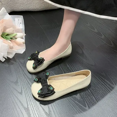 豆豆鞋女温柔仙女风夏季平底软底2023新款圆头浅口百搭蝴蝶结单鞋商品大图