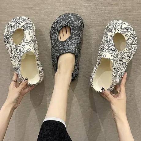 包头洞洞鞋女夏季外穿2023新款时尚涂鸦踩屎感防滑厚底老爹凉拖鞋商品大图