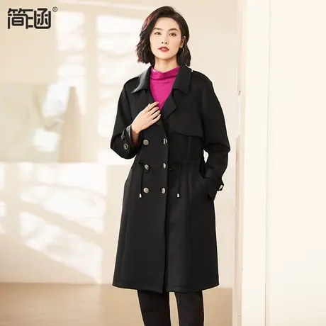 简涵大码女装2023秋冬新英伦风双排扣胖mm显瘦外套中长款黑色风衣商品大图