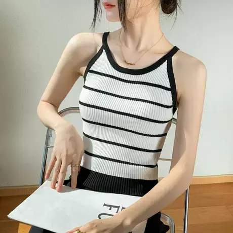条纹吊带背心女2023春夏新款圆领针织修身收腰内搭设计感无袖上衣商品大图
