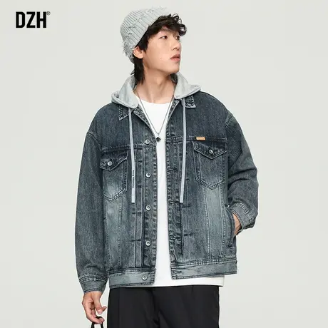 男士连帽牛仔外套oversize美式假两件上衣2024新款夹克时尚牛仔衣图片