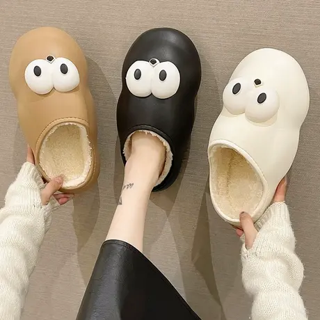防水棉拖鞋女款冬季室内外穿可爱大眼睛防滑厚底保暖加绒毛毛拖鞋商品大图