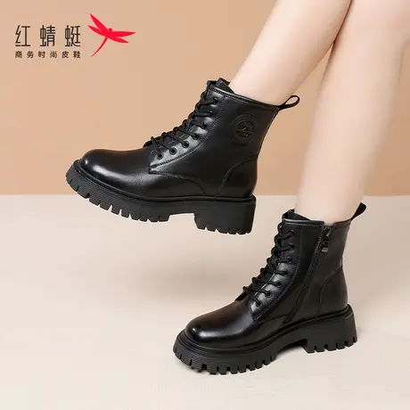 红蜻蜓女鞋靴子短靴软皮马丁靴女2023新款冬季加绒保暖中帮英伦风商品大图