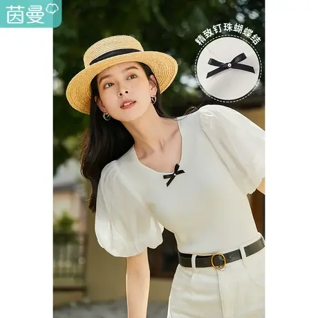 茵曼法式方领针织T恤女士2023夏季新款欧根纱泡泡袖气质短款上衣图片