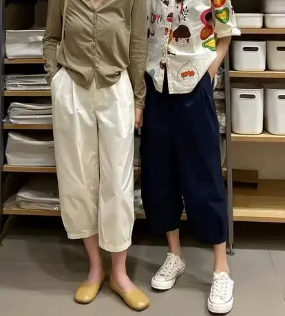 欧货百搭纯色休闲裤女2023年夏季新款高腰九分显瘦直筒八分香蕉裤商品大图