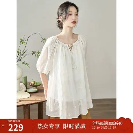 【商场同款】茵曼全麻衬衫2023夏季女装新款流苏系带圆领绣花上衣商品大图