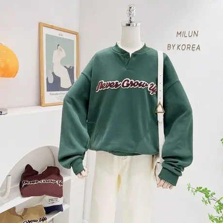 2022秋冬款美式复古宽松立领上衣ins古着感字母加厚卫衣运动休闲商品大图