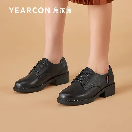 意尔康女鞋2023新款春季真皮粗跟单鞋女英伦风舒适软底小皮鞋中跟商品大图