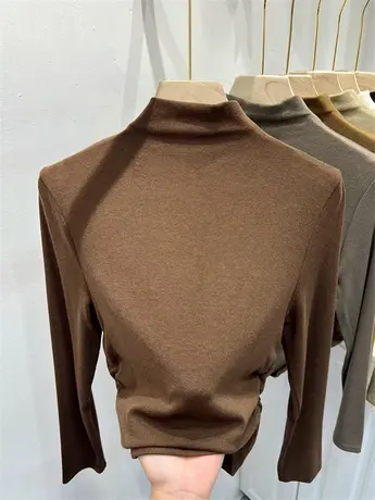 法式纯色针织衫半高领收腰褶皱上衣女2023早秋简约气质长袖打底衫商品大图