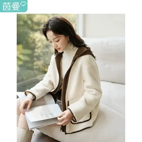 茵曼优雅通勤羊羔毛绒感保暖外套2023冬女装新款撞色连帽领厚上衣图片