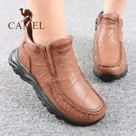 Camel/骆驼女鞋冬季加绒保暖舒适轻便休闲真羊皮侧拉链妈妈短靴子图片