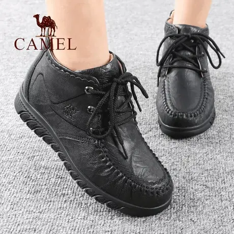 Camel/骆驼女鞋冬季新款加绒保暖防滑舒适休闲棉真羊皮妈妈短靴子图片