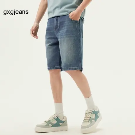 gxg.jeans男装 蓝色水洗裤腰抽绳宽松直筒休闲牛仔短裤 25夏新款商品大图