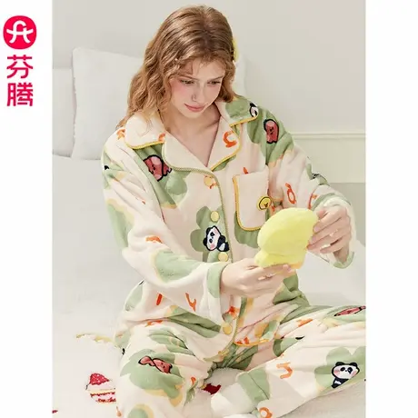芬腾女士睡衣珊瑚绒秋冬套装加绒加厚布朗熊法兰绒保暖大码家居服商品大图