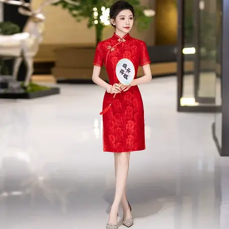 红色旗袍女2025新款夏季高考送考日常改良年轻款新中式大码小个子图片