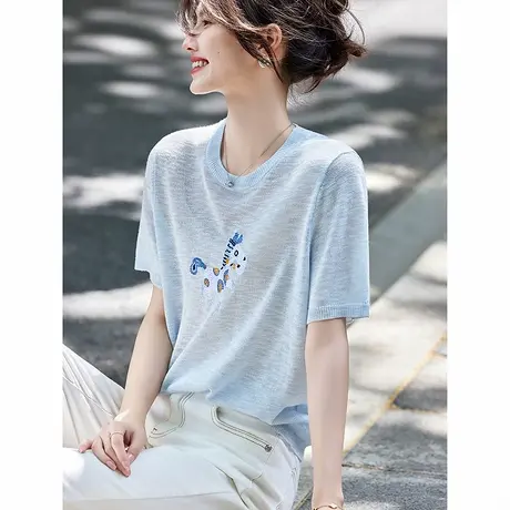 时尚气质针织衫2025年夏季新款女圆领针织薄款刺绣百搭简约上衣图片