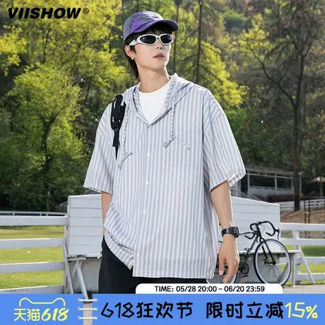 VIISHOW美式复古条纹连帽衬衫男夏季新款休闲宽松百搭短袖上衣潮商品大图
