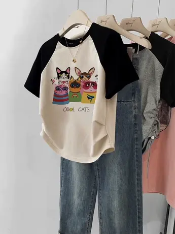 正肩插肩袖短袖女大码韩系风格穿搭chic小个子短款上衣ins夏季T恤商品大图