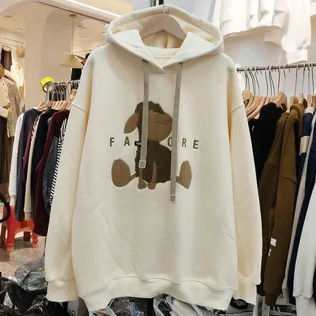 2022年新款卡通羊驼图案连帽卫衣女秋冬加绒加厚大码休闲上衣外套商品大图