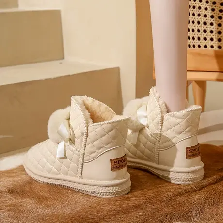 可爱毛球雪地靴女2023年新款冬加绒加厚短靴子皮面防水东北大棉鞋图片