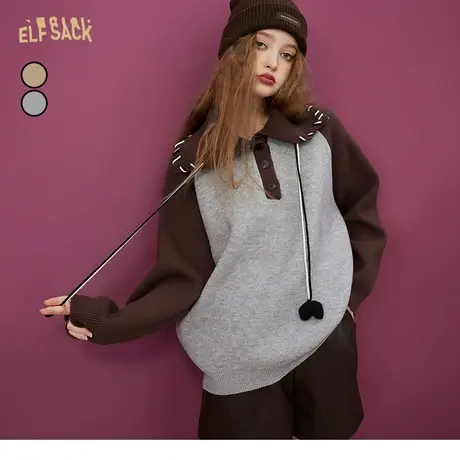 妖精的口袋插肩polo领毛衣女2022秋冬新款套头宽松复古内搭设计感商品大图