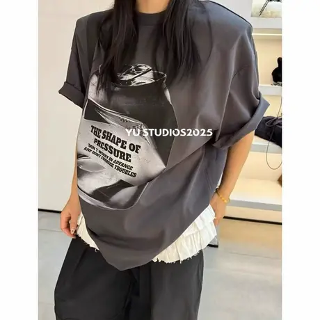 2025早春新款美式图案字母印花宽松慵懒显瘦垫肩短袖T恤女上衣夏商品大图