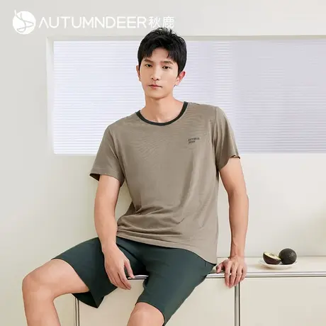 秋鹿长绒棉青少年睡衣夏款2024新款男短袖五分裤纯棉家居服纯色薄商品大图