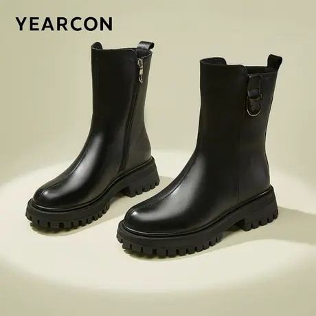 意尔康女鞋2023冬季新款粗跟中筒靴气质瘦瘦靴法式配裙子皮靴加绒商品大图