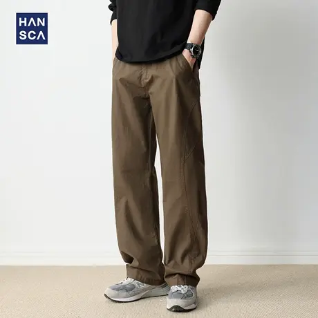 hansca秋季直筒休闲裤男2025新款宽松纯棉复古拼接格纹肌理长裤子商品大图