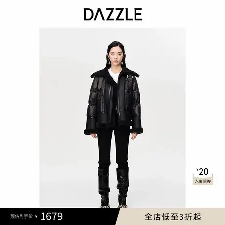 DAZZLE地素奥莱秋冬黑色休闲机车风羽绒拼接设计翻领皮草羽绒服女图片