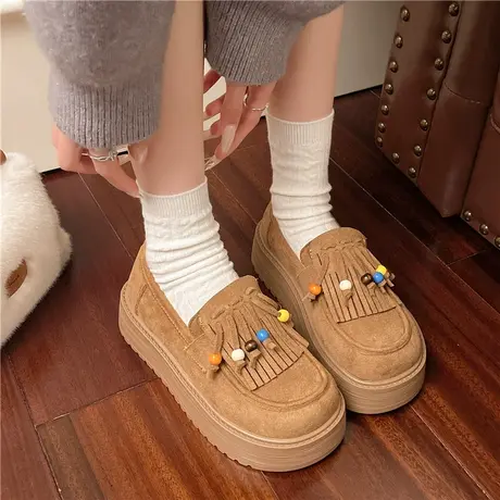 厚底勃肯鞋女2025新款秋季复古流苏珍珠一脚蹬乐福鞋松糕底单鞋子商品大图