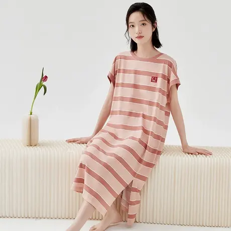 顶瓜瓜睡裙女款2024新款夏款顶呱呱女士减龄条纹可外穿纯棉T恤裙商品大图